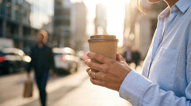 Morning coffee moment on a busy city street with diverse people