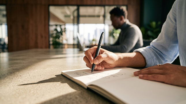 Business meeting with Black man using laptop and note taking