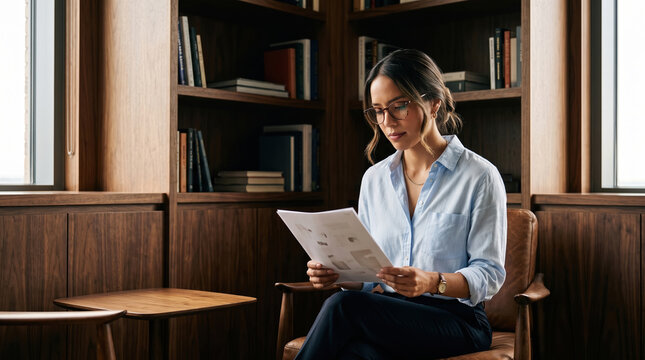 Business woman reads documents in modern office library