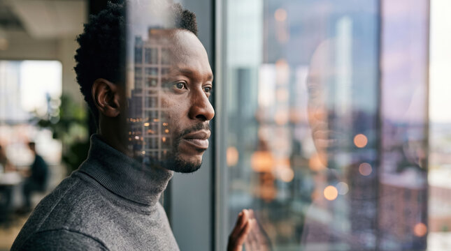Man reflect on work and future beside office window