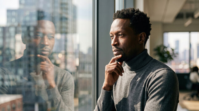 Thoughtful businessman looks out office window in city