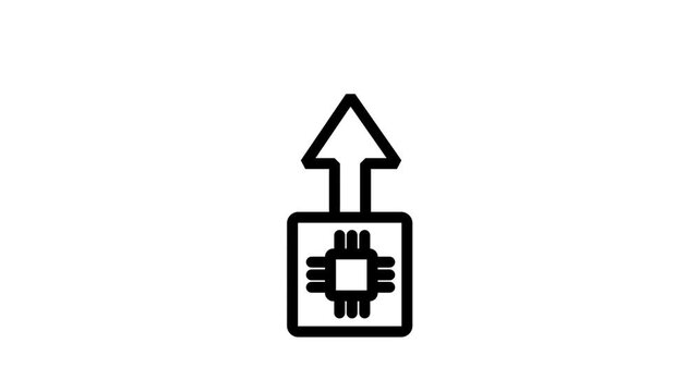 Microchip Performance Boost Animated Icon. Minimalist animated icon featuring semiconductor microchip with rising arrow representing hardware processing speed and technological performance enhancement