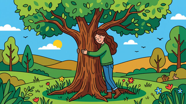 woman hugging a large tree in a green field with rolling hills and a bright sun, flat style