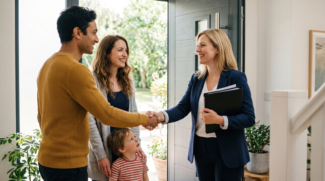 Real Estate Agent Welcoming Family at Front Door