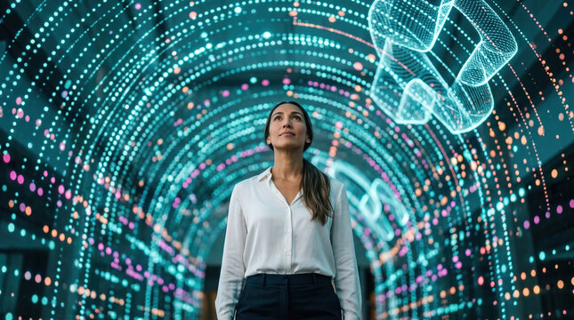 Analyst Under Vault of Flowing Data Lights