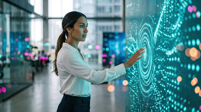 Woman Touching Interactive Data Wall