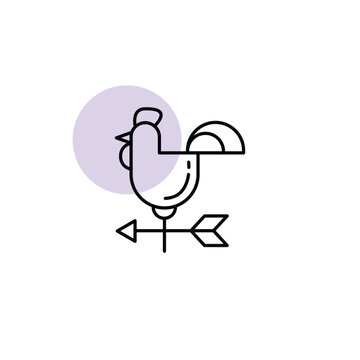 Spring weather vane line icon with rooster and wind direction arrow, outline farm weathercock symbol on a pastel circle, minimal linear vector illustration for rural, garden and seasonal poster design