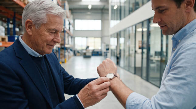 Father gifting heirloom wristwatch to adult son at work