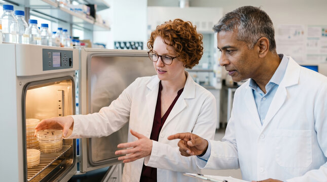 Scientist and researcher in laboratory examining petri dishes