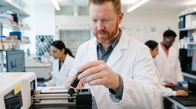 Scientist running lab experiment while team support research