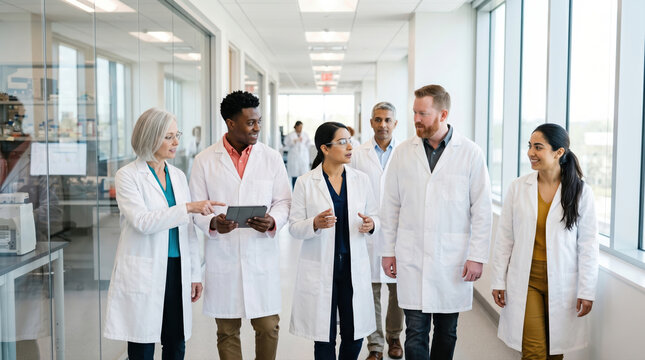 Scientists discuss research while walking in lab hallway