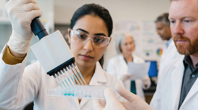 Scientist using pipette to run lab test at research facility