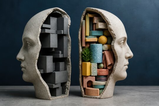 Human mind sculpture with contrasting abstract blocks and colorful inner layers