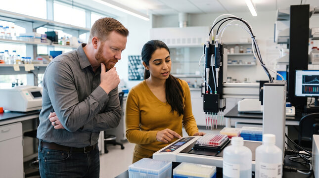Scientist explains lab equipment and procedure to colleague
