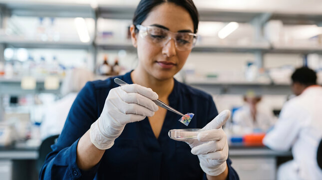 Scientist examining petri dish sample with lab tools
