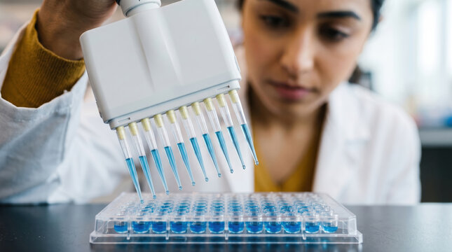 Scientist using multichannel pipette for biochemical analysis