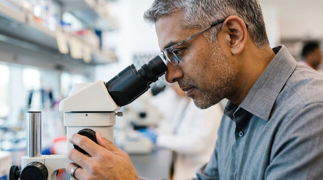 Scientist examining laboratory sample with microscope in daylight