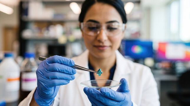 Scientist using tweezers and petri dish in laboratory