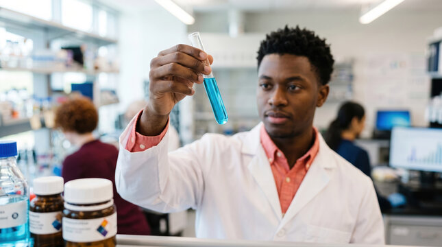 Scientist inspecting blue liquid test tube in busy lab
