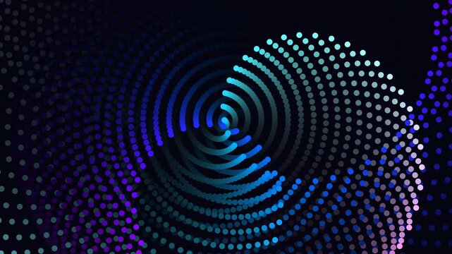 Abstract digital art featuring glowing blue and purple dots arranged in dynamic swirling and circular patterns on a dark background.