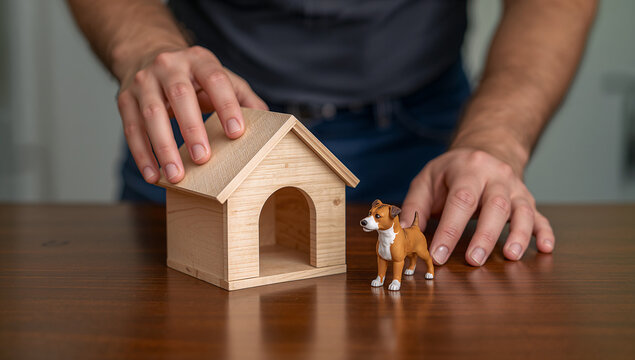 男性の手元でペットハウスと犬のミニチュアを並べるペット共生住宅写真