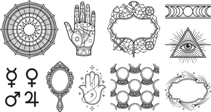 Collection of esoteric and occult symbols including zodiac wheel, palmistry hand, all seeing eye, and crystal balls on white background