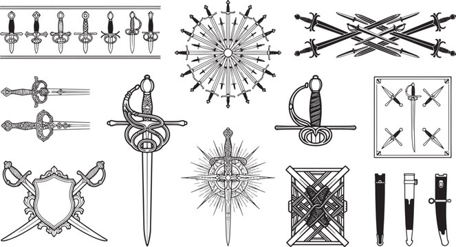Collection of medieval swords, daggers, shields, and scabbards featuring ornate hilts, crossed blades, and geometric sword patterns set