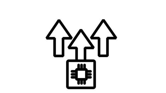 CPU Processor Upgrade Animated Icon. Minimalist animated icon showcasing a semiconductor microchip with upward arrows representing technology advancement and hardware processing speed boost.