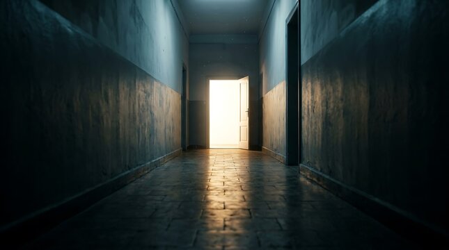 Dark empty hallway leading to open door with bright glowing warm light
