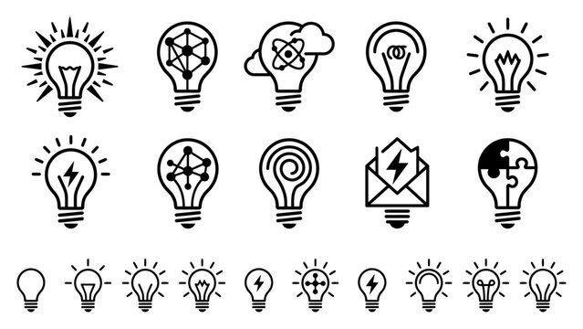 Creative idea and innovation lightbulb icon set, atom network puzzle lightning cloud, for technology inspiration, solid black style , vector illustration