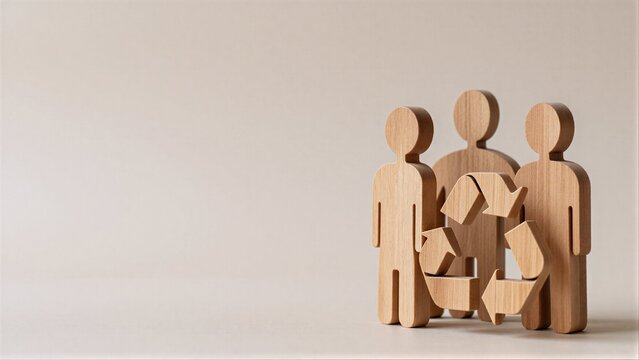 Wooden figures embrace a recycling symbol, promoting eco-friendly family values.