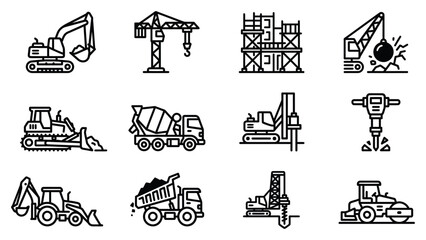Obraz premium Heavy construction machinery and building equipment icon set, excavator crane bulldozer concrete mixer, for industrial site development, bold line style , stock vector