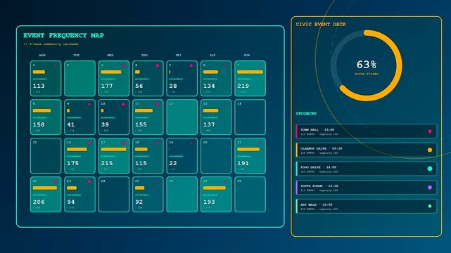 This futuristic interface displays a Realtime Trend Visualization of event frequency and city statistics through shifting data points and updating charts across a digital display.