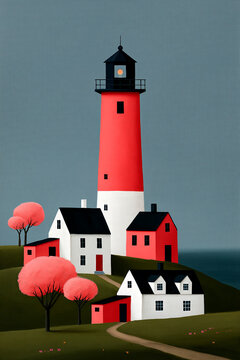 Minimalist lighthouse village illustration in countryside