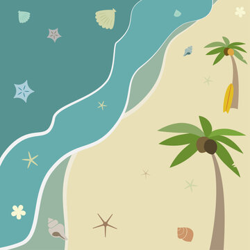 夏のビーチとヤシの木の正方形フレーム背景 コピースペース付き南国イラスト/ Summer Tropical Beach Background Frame with Palm Trees and Copy Space
