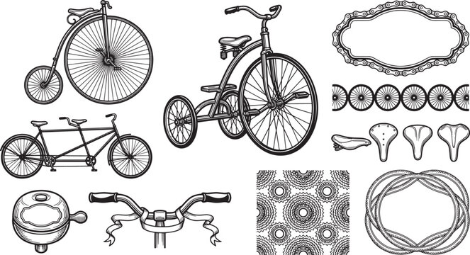 Vintage bicycle collection featuring penny farthing, tandem bike, tricycle, bicycle parts, and decorative patterns in line style