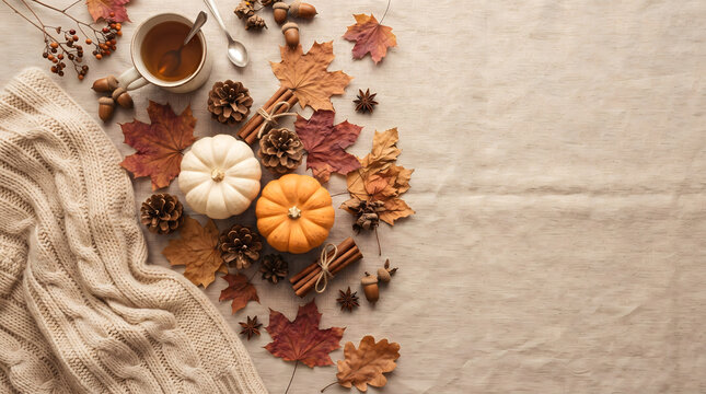 Autumn cozy flat lay with pumpkins, knitted sweater, dry leaves, cup of tea, and copy space on linen background