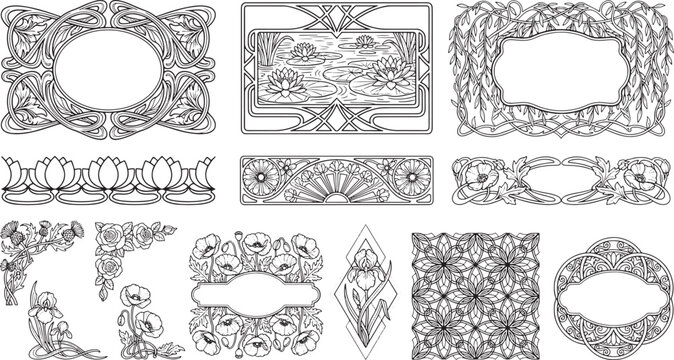 Collection of deco style floral frames, borders, and decorative patterns featuring lotus and poppy motifs on white background