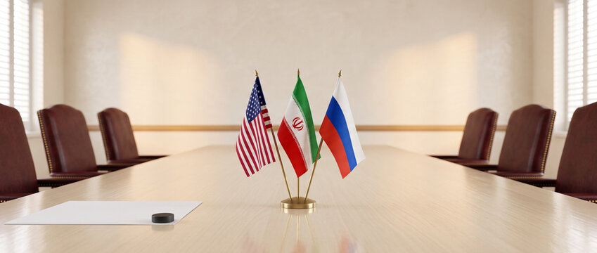Flags of usa, iran and russia on conference table. Diplomacy and international relations between countries. Political negotiation, economic trade agreement and summit meeting concept.