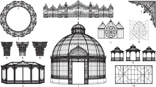 Collection of vintage architectural including gazebos, iron gates, columns, and window frames on a white background