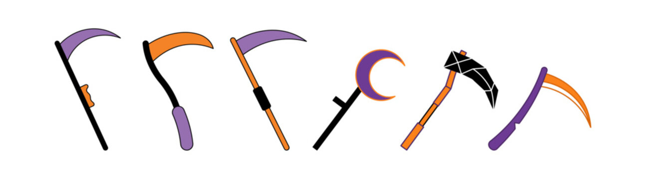 Six diverse fantasy scythes for halloween decorations or video game inventory items.