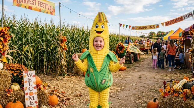 Happy Child in Corn Costume at Autumn Harvest Festival.