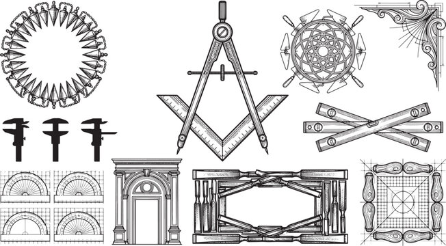 Set of vintage architectural drafting and construction tools line on a white background, for engineering and building
