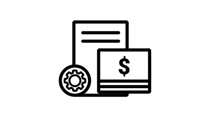 Payment Account Setup Animated Icon. Animated line icon displaying financial statement document with credit card and gear for payment account setup processing footage.