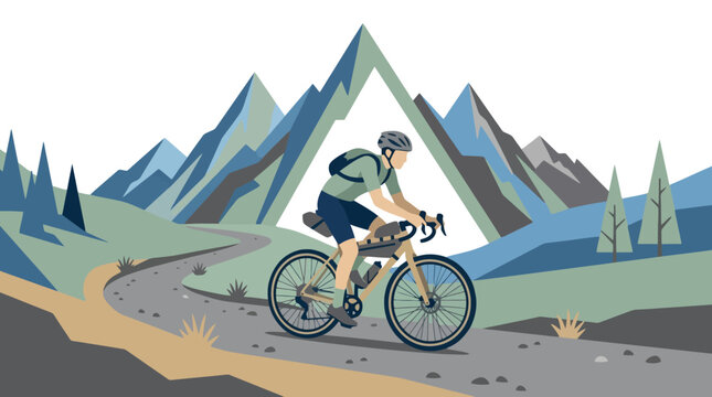 Cyclist riding mountain bike on gravel trail with scenic mountain landscape background. EPS Editable. Vector Illustrations.