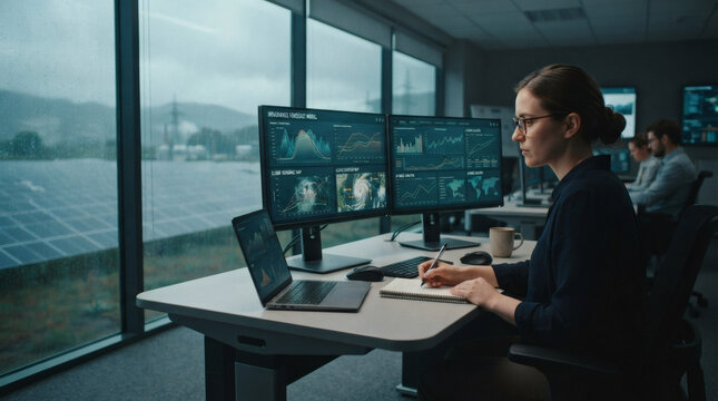 Solar energy analyst reviewing AI irradiance forecasting model on dual monitor setup, solar farm output predictions and cloud coverage maps visible on screens, analyst hand making notes, modern energy
