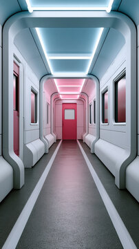 Futuristic corridor with neon blue and pink lights, modern interior design, empty space, sci fi atmosphere, clean lines, symmetrical view