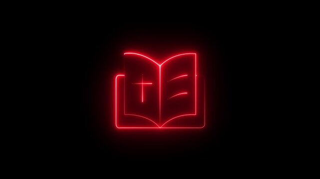 line prayer book UI icon animation on a transparent alpha channel background. The icon features a clean outline of a holy book with a check mark, glowing white stroke, and smooth