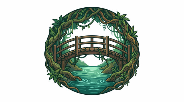 Wooden bridge over river in lush tropical jungle forest circle logo illustration