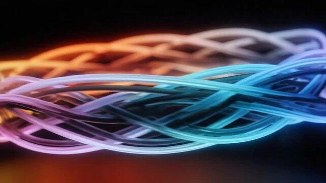 Braided rainbow light ring over dark reflective water.
